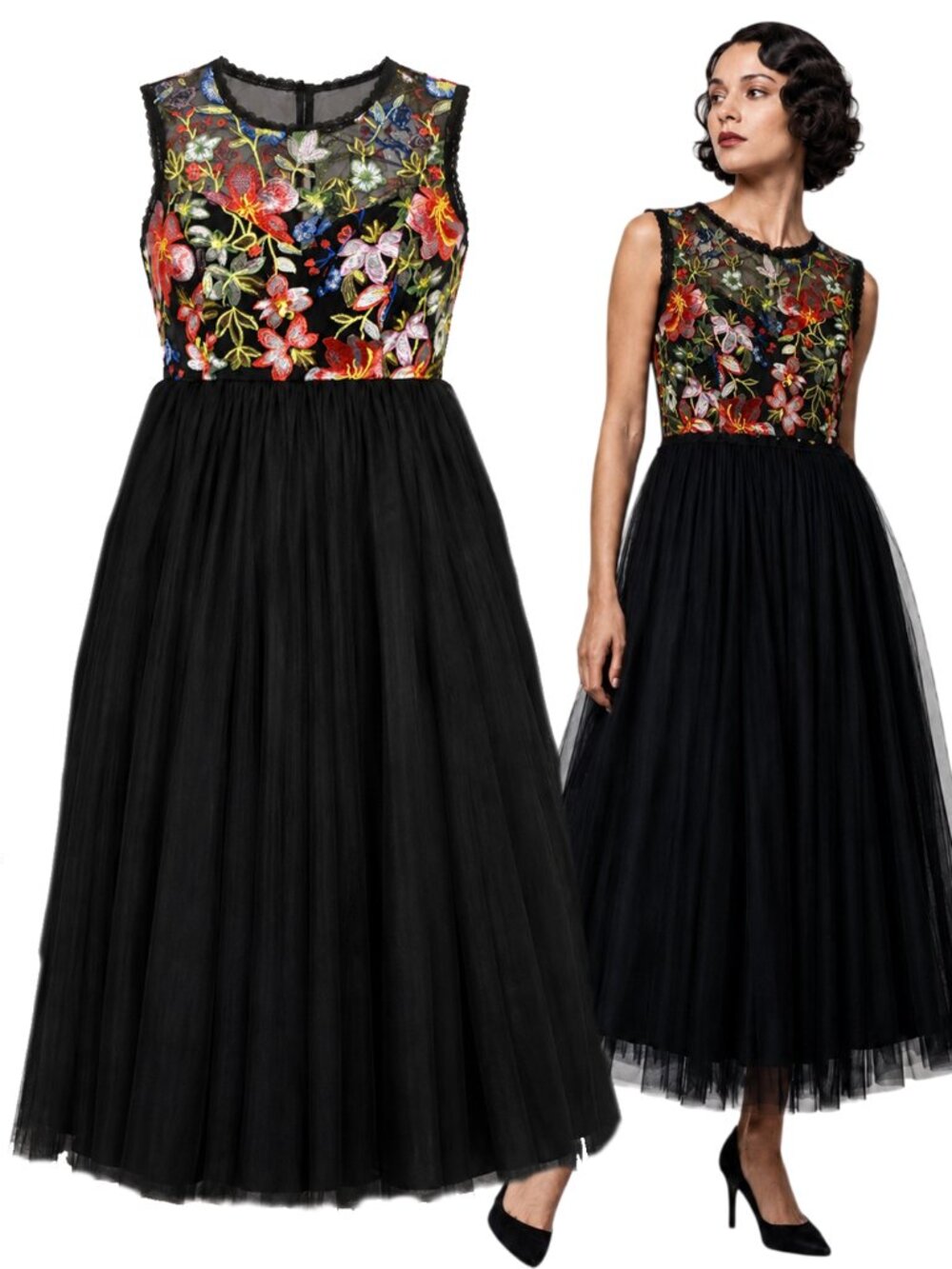 NWT Soprano Willow Black Floral Embroidered Mesh Midi Dress 1X